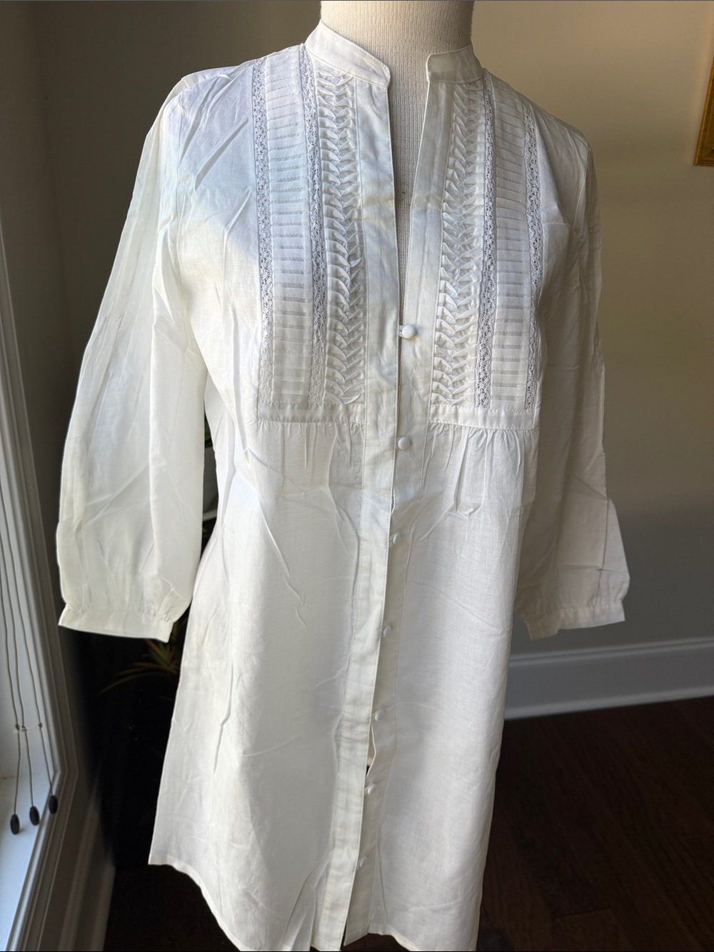 Alfani White Cotton Button-Front Chemise with Pintuck & Lace Panels